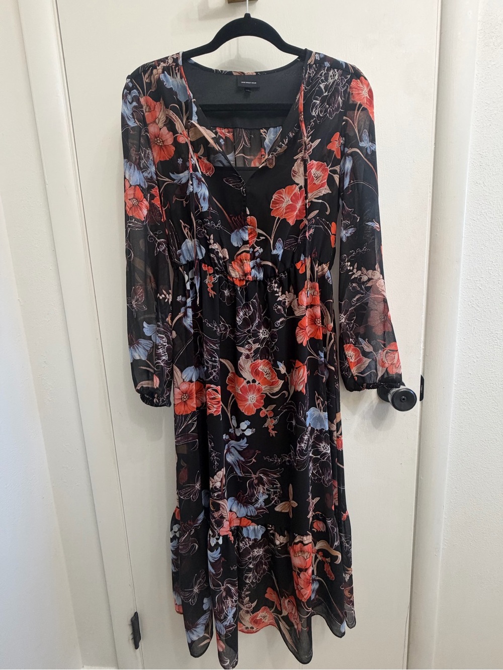Who What Wear Black Floral Long-Sleeve Midi Dress with Red orange & Blue Blooms